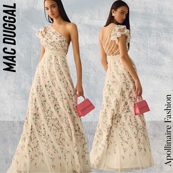MAC DUGGAL ONE SHOULDER MAXI DRESS WHITE WITH FLORAL EMBROIDERED NWT SIZE 14 - Picture 1 of 9